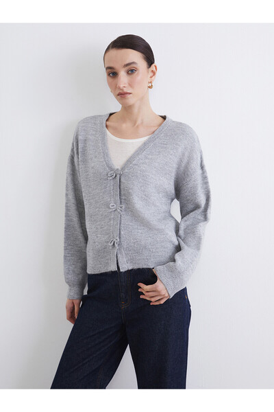 LC Waikiki Lcw Modest Gray Knitwear Plain Women's Cardigan with Nevavm Differ...