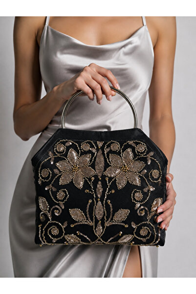 GUSTELLO Satin Fabric Silver Metal Handle Women's Handbag Evening Dress Bag