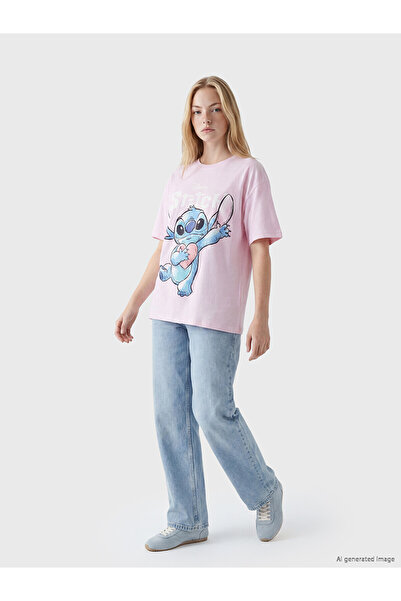 LC Waikiki Xside Pink Stitch Printed 100% Cotton Women's T-Shirt