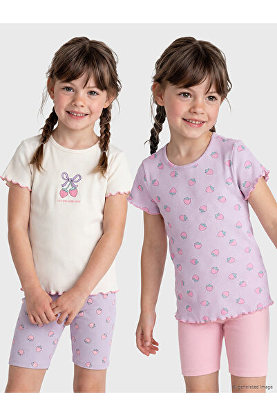 LC Waikiki Trendlucky Girls' Ribbed T-Shirt with Printed Pattern, Pack of 2
