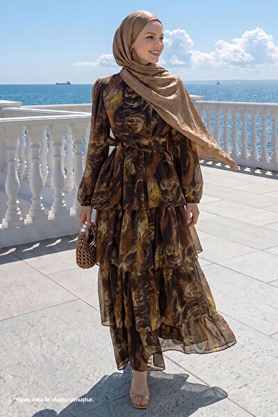 InStyle Καφέ φόρεμα με μποέμ μοτίβο και ζώνη