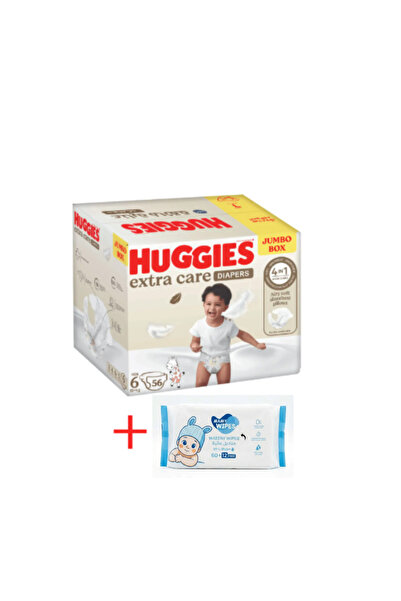 Huggies Box حفاضات هاجيز إكسترا كير مقاس 6 علبة جامبو 56 قطعة + مناديل مامي ب...