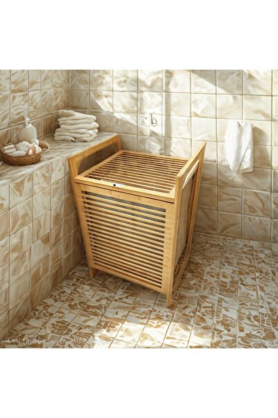 Go İthalat AHŞAP BAMBU KİRLİ ÇAMAŞIR SEPET KUMAŞ ÇANTALI SEPET=