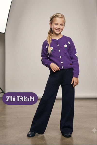 Hilal Akıncı Kids Girl's Daisy Embroidered Cardigan Knitwear Trousers Double Set