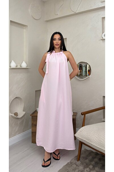 miraylawear Faye Pembe Renkli Boyundan Bağlamalı Salaş Tarz Kadın Maxi Elbise