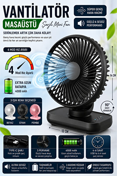 nextbuy Mini Soğutucu Vantilatör Type-C Şarjlı Masa Üstü Fan Taşınabilir 4 Mo...