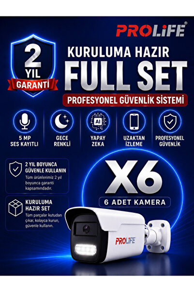 PROLİFE 6 LI Sesli Güvenlik Kamerası 5 Mp Gece Renkli Yüz Ve Araç Tanımalı Fu...