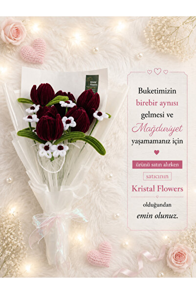 Kristal Flowers 6’lı Bordo Yapay Lale Buketi -Şönil