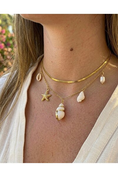 Melanj Craft Double Combined Sea Shell Charm Steel Necklace - Gold