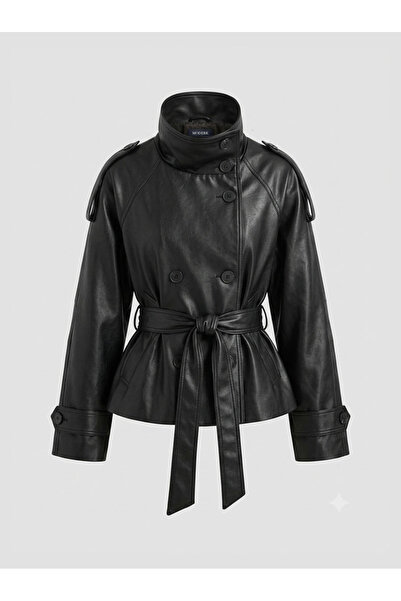 Moderk Bsk Faux Leather Mock Neck Lined Women's Leather Jacket Trench Coat