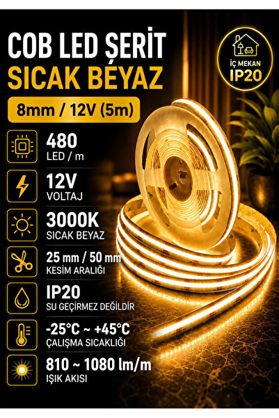 Nexo Cob şerit led Sıcak Byz 8mm/12V (5 Metre)