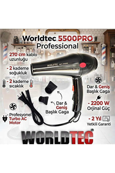 Worldtec WT-5500PRO 2200 W Turbo Profesyonel Kuaför Fön & Saç Kurutma Makines...