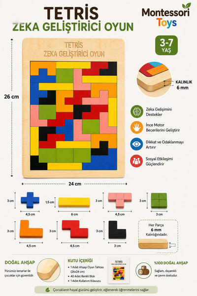 WoodStory Ahşap Tetris Oyunu Blok Puzzle Zeka Oyuncağı Montessori Beceri Geli...