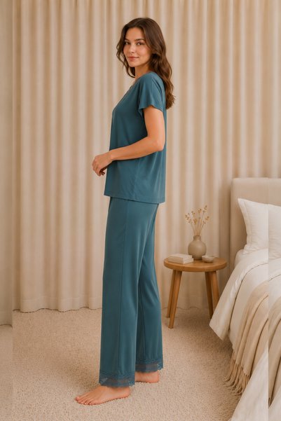Jusmart Women's Green Short-Sleeved V-Neck Lez Lace Viscose Pajama Set Embroidered Long Bottom Top 2-Piece Home Wear Sleep Set %94 Viscose %6 Elastane Knitted Fabric Ring Quality Comfortable Stylish Homewear