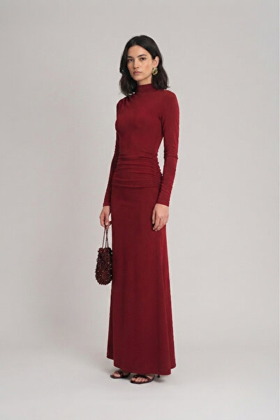 SEPANU COLLECTION Kadın Bordo Drapeli Uzun Elbise