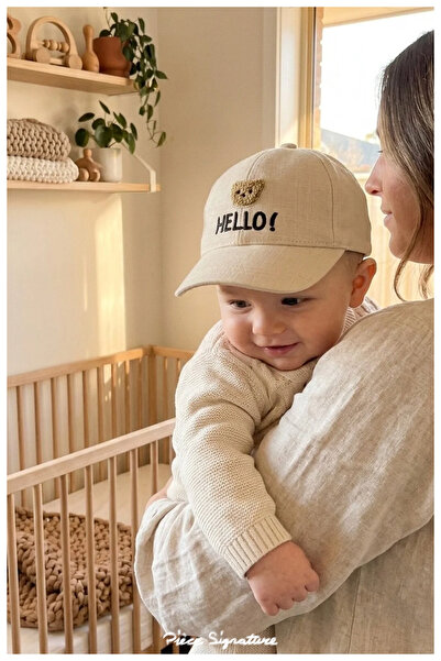 PIECE SIGNATURE Baby Boy Linen Look Cap with Teddy Bear Figure - 100% Cotton ...