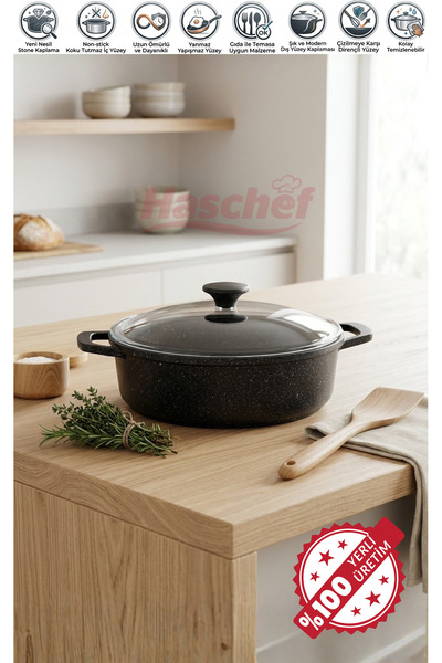HASCHEF Elmas Döküm Yapışmaz Titanyum Kaplama Basık Tencere 26 Cm