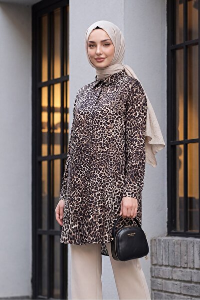 Modamorfo Leopar Desen Düğmeli Oval Kesim Gömlek -leopar