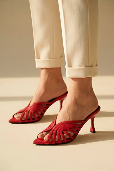 vitaeny Dafne Red Stripe Detailed Pointed Toe Thin Heeled Women's Slippers - ...