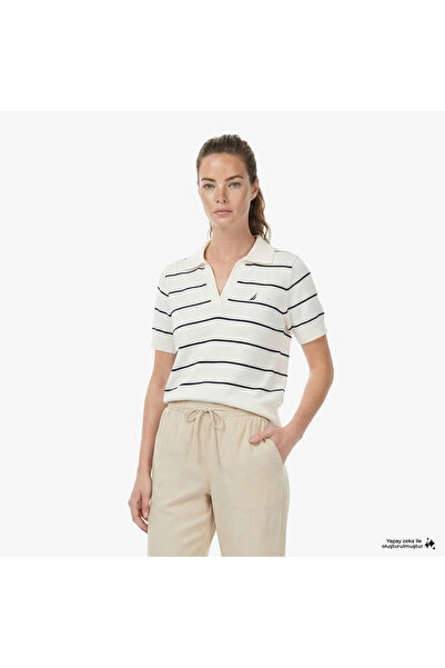 Nautica Kadın Beyaz Regular Fit Çizgili Triko Polo Yaka T-Shirt