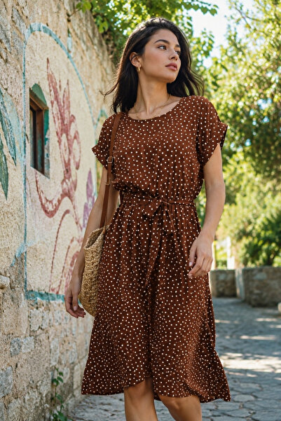 armonika Women's Brown Polka Dot Elastic Waist Tie Dress ARM-21K001159