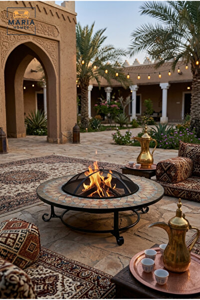 MARIA HOMES Round Outdoor Mosaic Fire Pit Table – Stone Tile Top with Mesh Cover