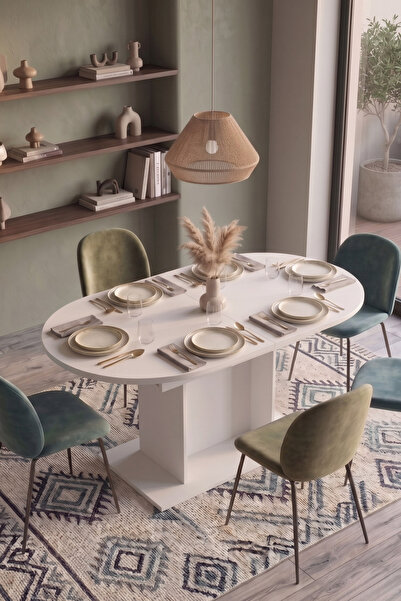 Yurupa Alveros Serisi Oval Açılabilir Yemek Masası Mutfak Masası Beyaz 80x120...