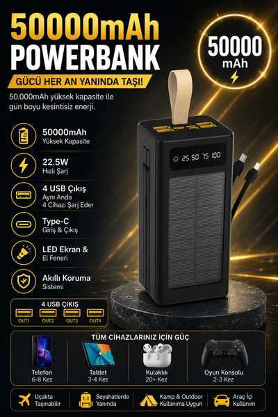 Kılıforyum 30.000 mAh / 50.000 mAh Güneş Panelli Powerbank 22.5W Hızlı Şarj D...