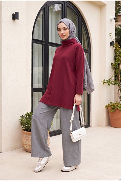 Modamorfo Turtleneck Slit Ribbed Knit Tunic -Burgundy