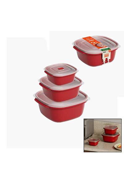 Go İthalat 3 Pcs Red Square Storage Container Set 550-1100-2200ml () Glbl-Stl...