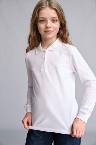 DeFacto 100% Cotton Regular Fit Basic Pique Long Sleeve Polo White T-Shirt Gi...