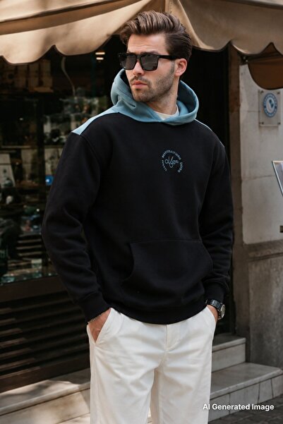 Madmext Black Hooded Color Block Embroidery Detailed Men's Sweatshirt 7088
