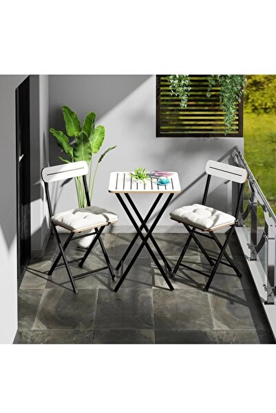 eportatif Bistro Takım Minderli Bahçe Masa Sandalye Beyaz