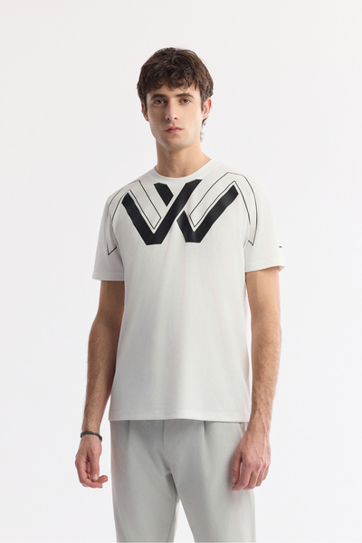 Avva Erkek Beyaz Bisiklet Yaka Baskılı Teknik Kumaş Regular Fit T-Shirt A51Y1068