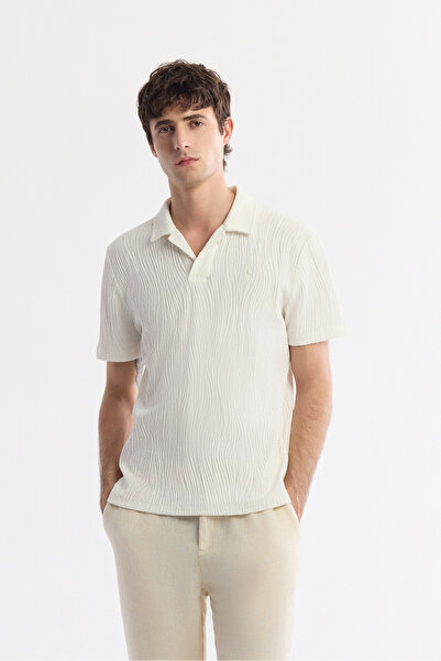 Avva Men's Ecru Apaj Collar Cotton Jacquard Regular Fit T-Shirt A51Y1053