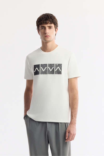 Avva Men's Ecru Crew Neck Printed Bi-Stretch Interlock Regular Fit T-Shirt A5...