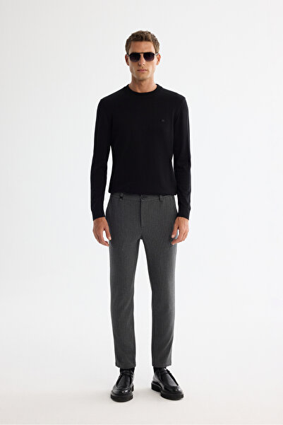 Avva Men's Anthracite Wool Blend Textured Slim Fit Chino Trousers with Elasti...