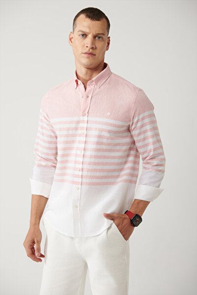 Avva Men's Light Pink Buttoned Collar Panel Striped Slim Fit Shirt A41Y2190