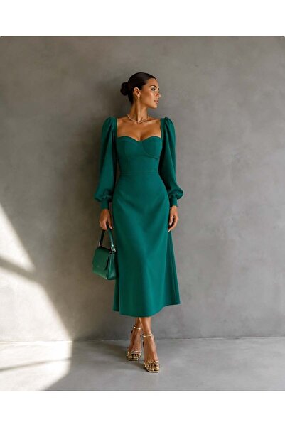 Modafeminen Emerald Chest Glop Detailed Square Neck Long Sleeve Midi Dress 58...