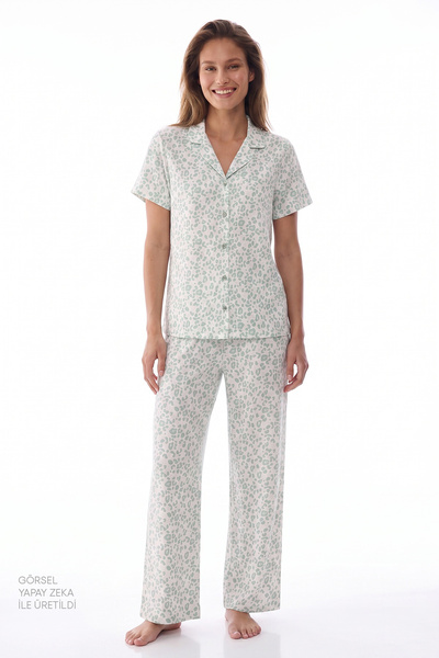 Penti Green Leopard Short Sleeve Shirt Pants Pajama Set