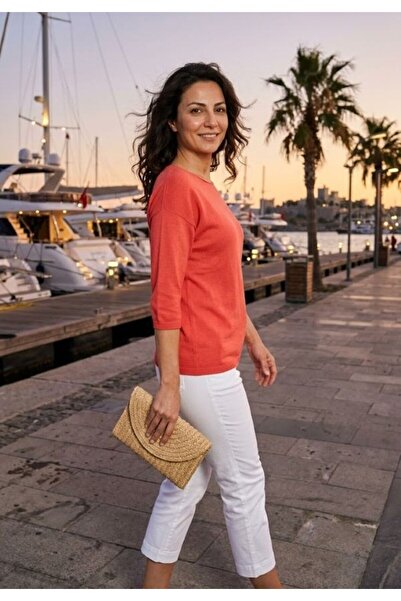 URUMDAY Mercerized Crew Neck Three Quarter (Capri) Sleeve Knitwear Thin Blouse