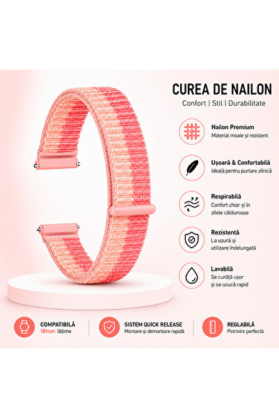MAUEX Curea smartwatch 18 mm din nailon, Quick Release, reglabilă, respirabilă, lavabilă