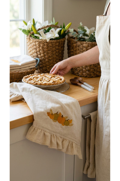 HOME OF BLOSSOM Pumpkin Embroidery Ruffled Raw Linen Kitchen Cloth / Cover~1 ...