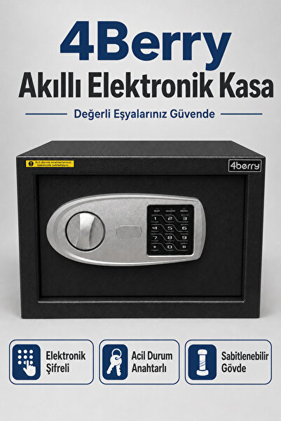 4 Berry Elektronik Şifreli Çelik Kasa – Duvar ve Zemin Montajlı, Acil Anahtar...