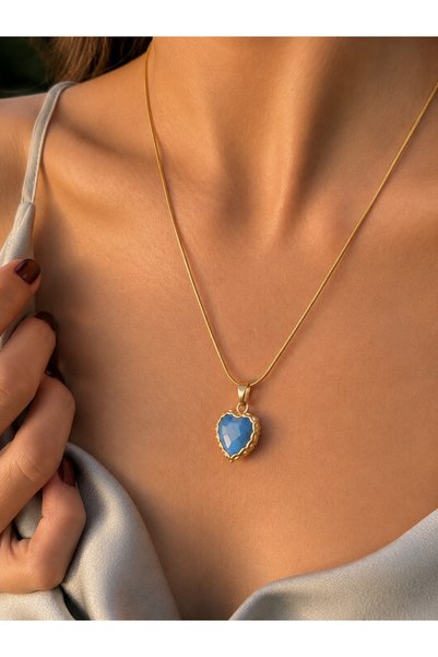 Elmosia Jewelry Blue Zircon Stone Steel Heart Necklace – Snake Chain, Tarnish-Resistant Elegant Design