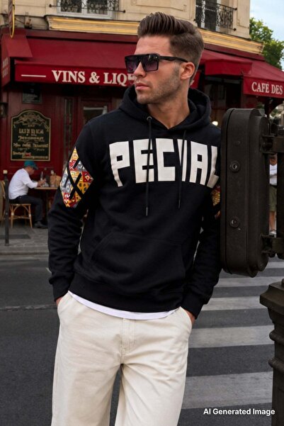 Madmext Black Printed Hooded Men's Sweatshirt 6039