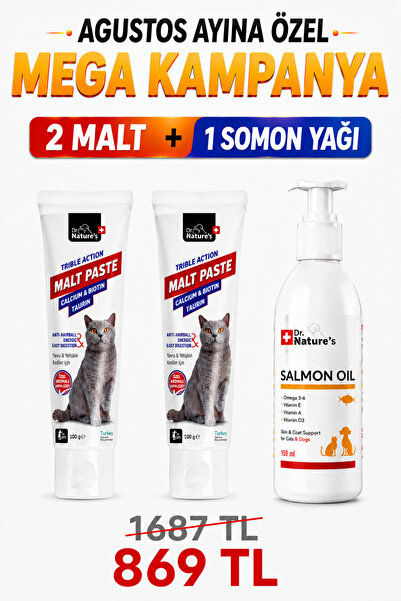 Dr. Nature's Kedi Maltı ve Somon Yağı Seti – 2 Adet Malt Macunu + 1 Adet Omeg...