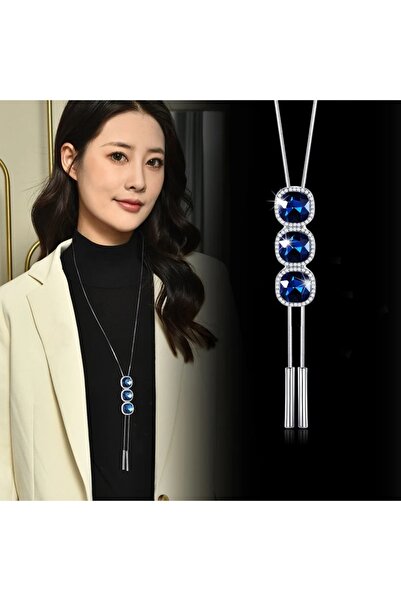 Choice Silver Luxury Jewelry Blue Crystal Tassel Long Necklace High-end Feeli...