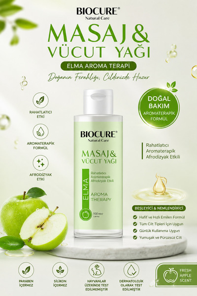 Biocure Rahatlatıcı Aromaterapik Masaj Yağı ve Vücut Bakım Yağı Yeşil Elma Özlü