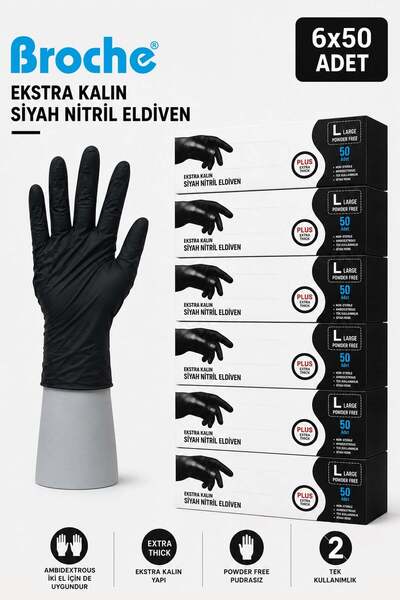 Broche ULTRA EXTRA KALIN (5 GR) SİYAH NİTRİL MUAYENE ELDİVENİ 6'LI PAKET L BEDEN